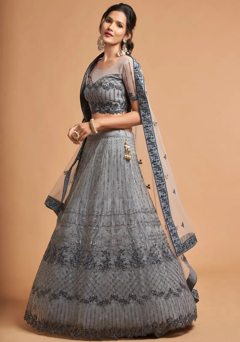 Charming Grey Soft Net Zari Embroidered Lehenga Choli