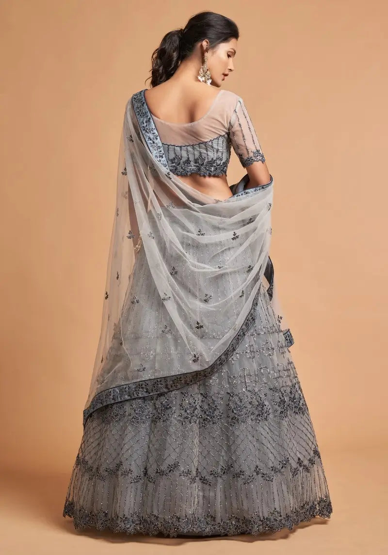 Charming Grey Soft Net Zari Embroidered Lehenga Choli