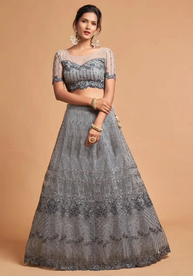 Charming Grey Soft Net Zari Embroidered Lehenga Choli