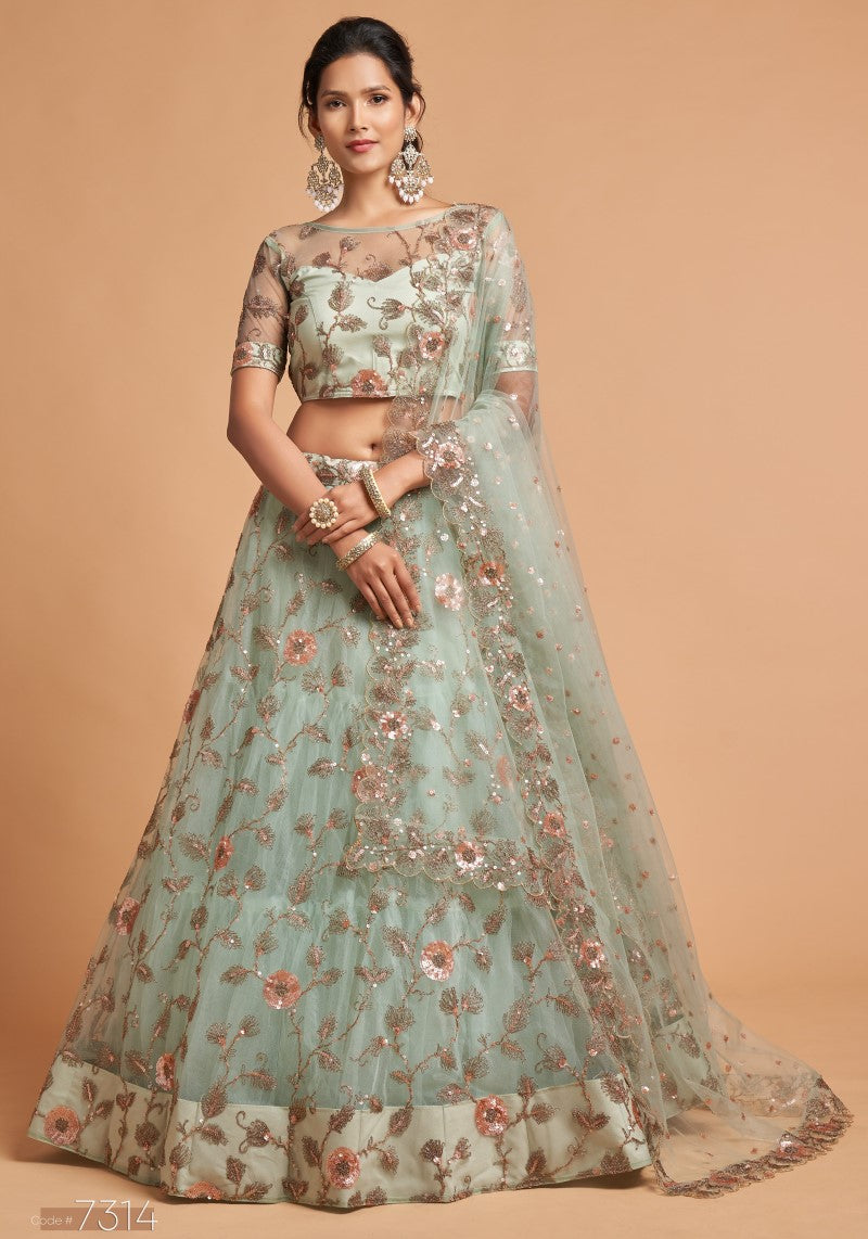 Sky Blue Net Embroidered Wedding Wear Lehenga Choli