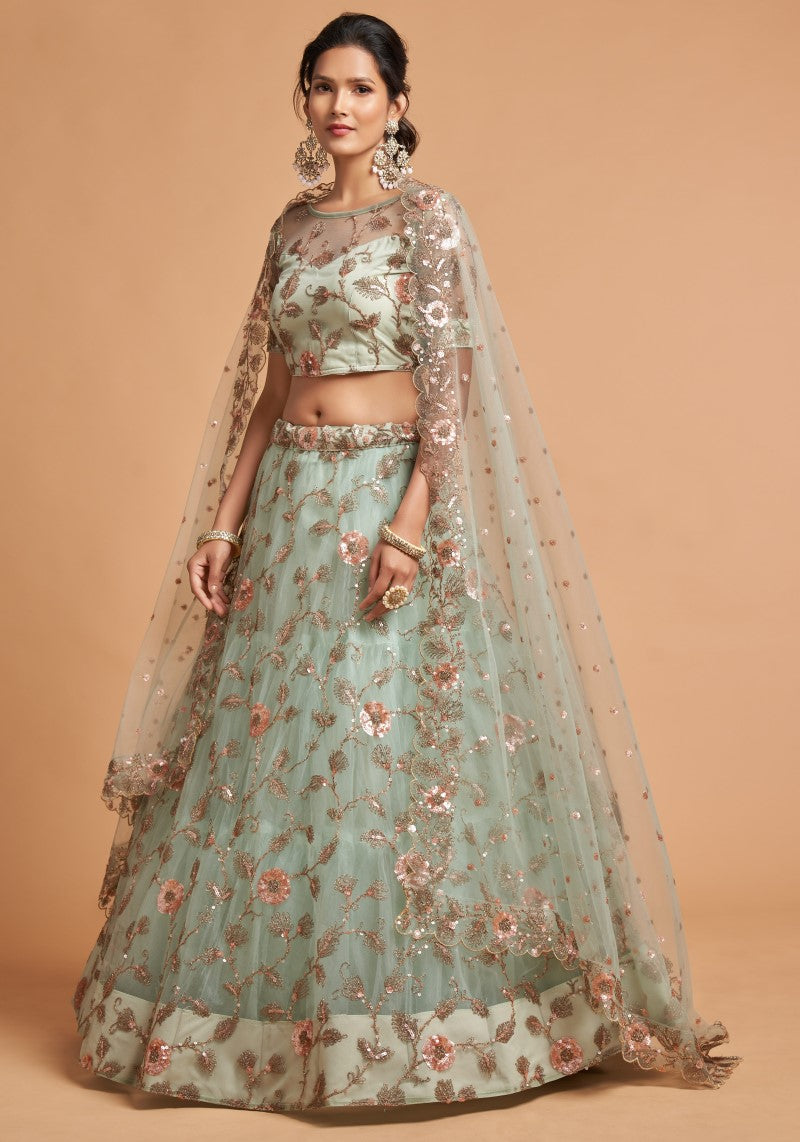 Sky Blue Net Embroidered Wedding Wear Lehenga Choli