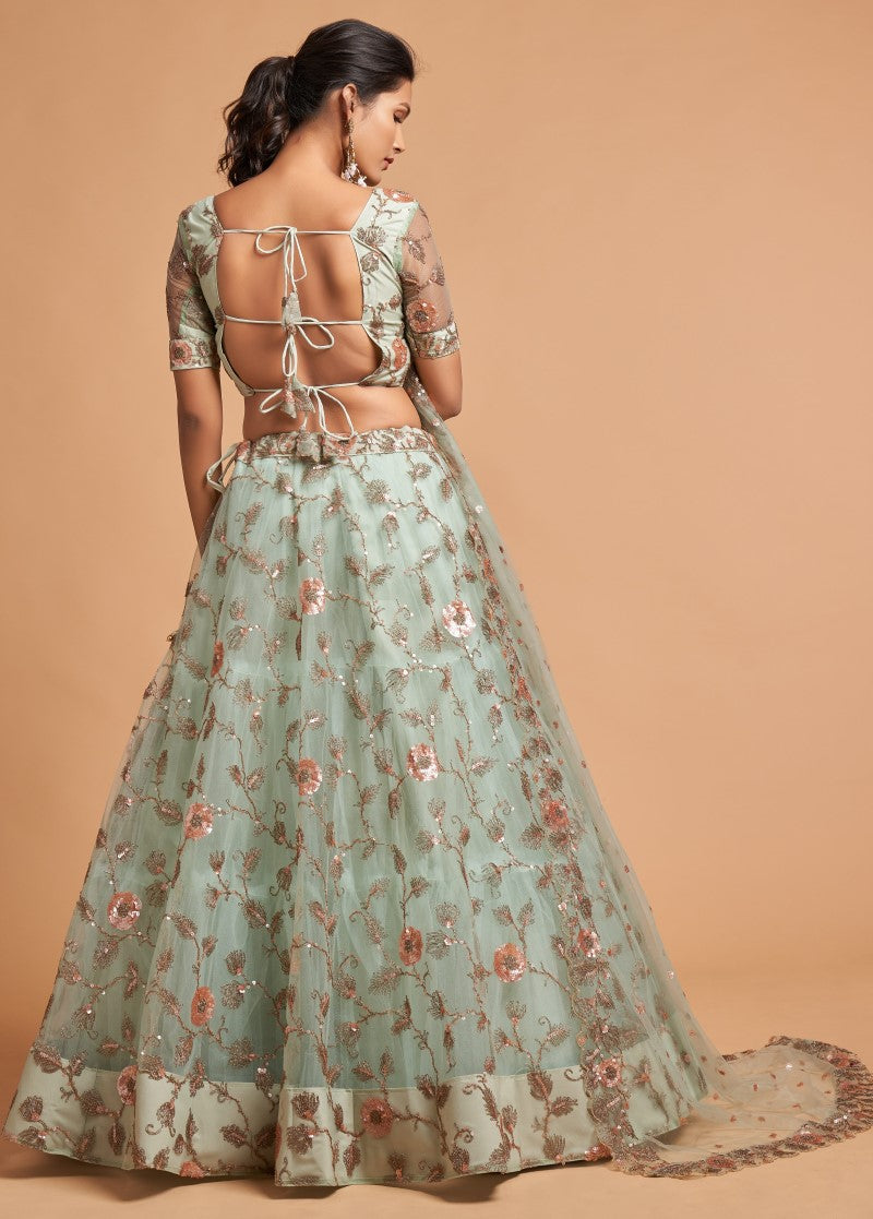 Sky Blue Net Embroidered Wedding Wear Lehenga Choli