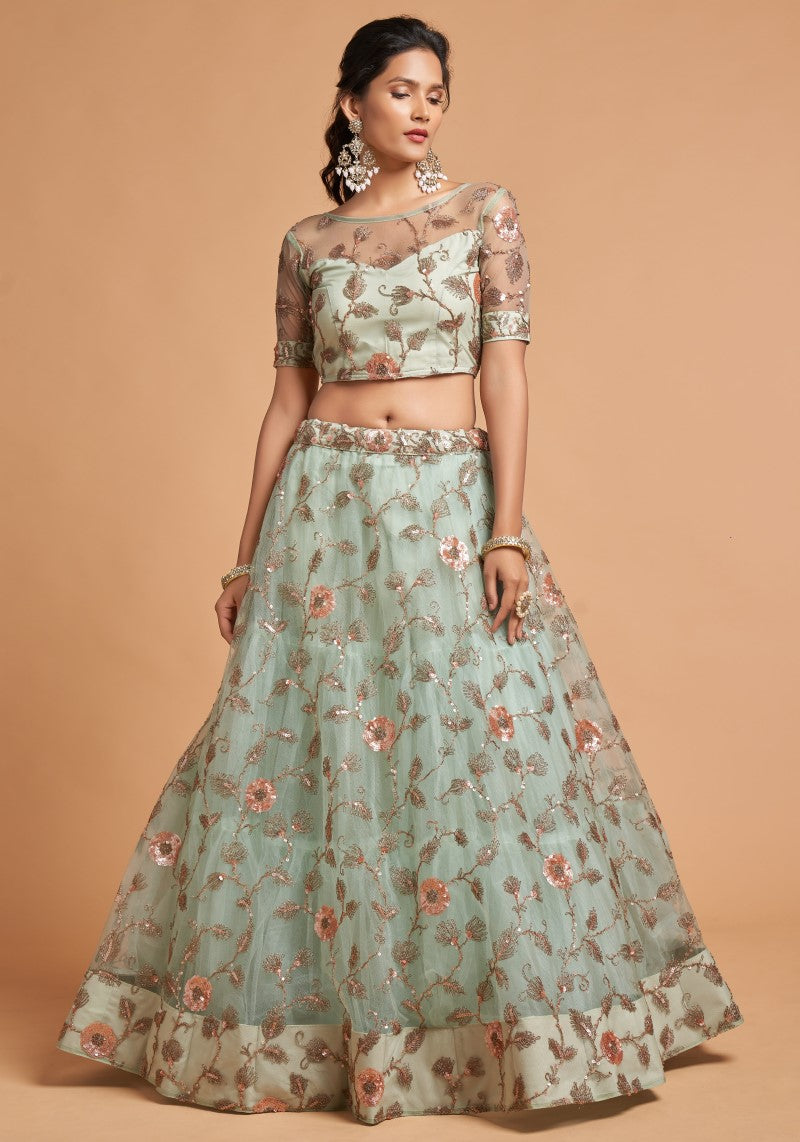 Sky Blue Net Embroidered Wedding Wear Lehenga Choli