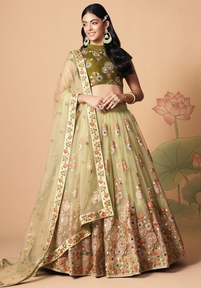 Party Wear Mirror Work Embroidered Lehenga Set