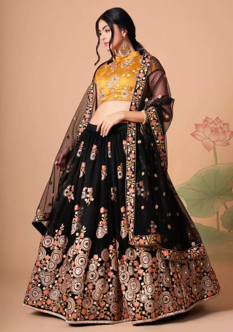 Midnight Allure Black & Yellow Embroidered Lehenga Choli with Mirror Work