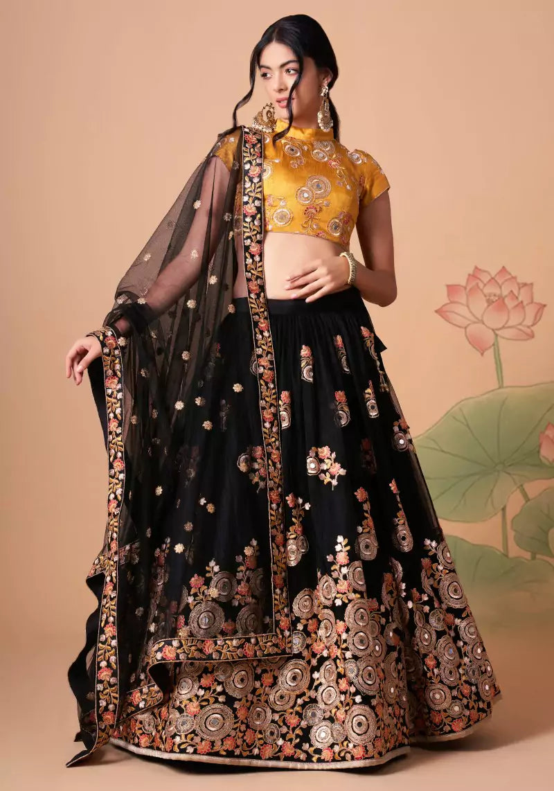 Midnight Allure Black & Yellow Embroidered Lehenga Choli with Mirror Work