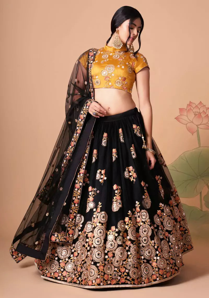 Midnight Allure Black & Yellow Embroidered Lehenga Choli with Mirror Work