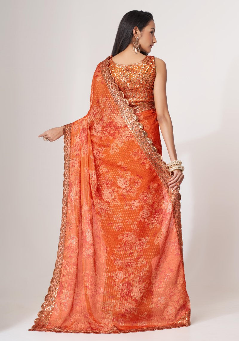 Orange Digital Print Organza Sequins Embroidered Saree
