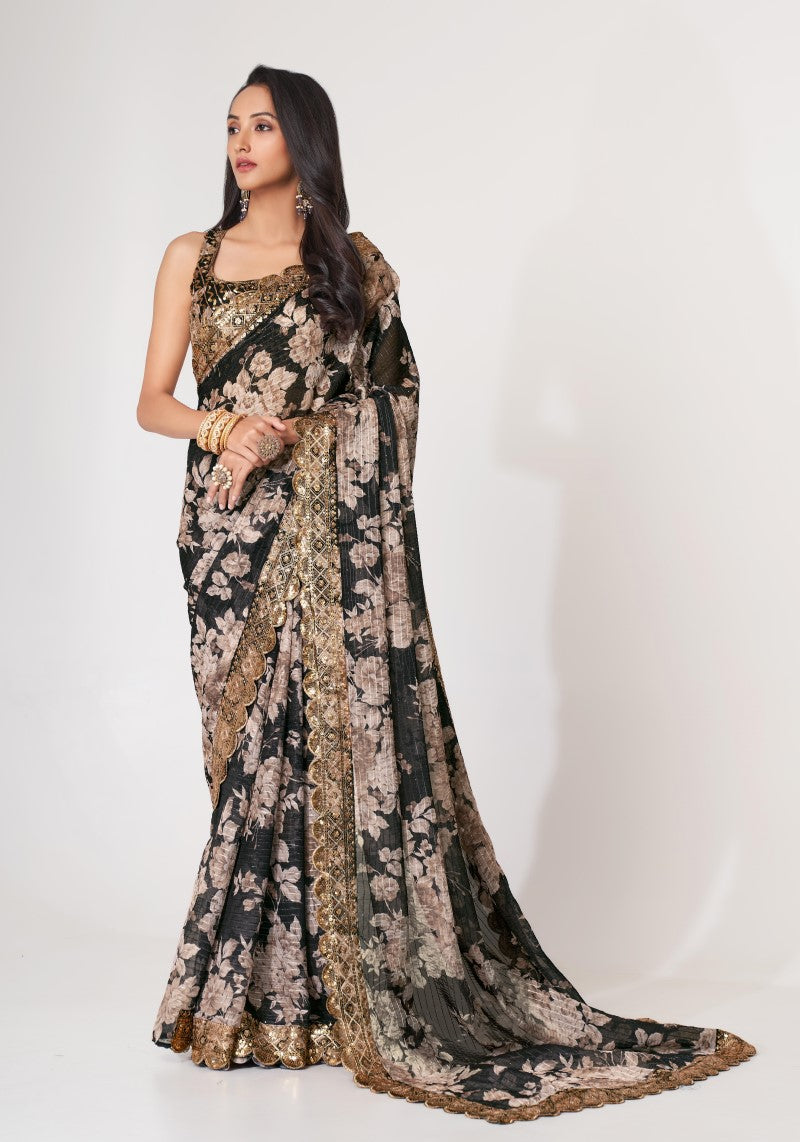 Organza Black Digital Print Sequins Embroidered Saree