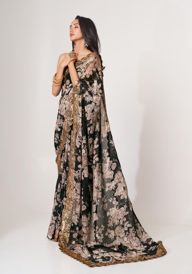 Organza Black Digital Print Sequins Embroidered Saree