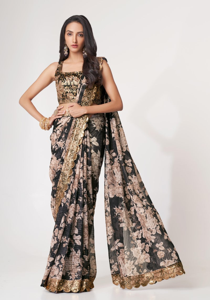 Organza Black Digital Print Sequins Embroidered Saree