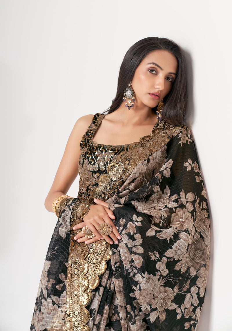 Organza Black Digital Print Sequins Embroidered Saree