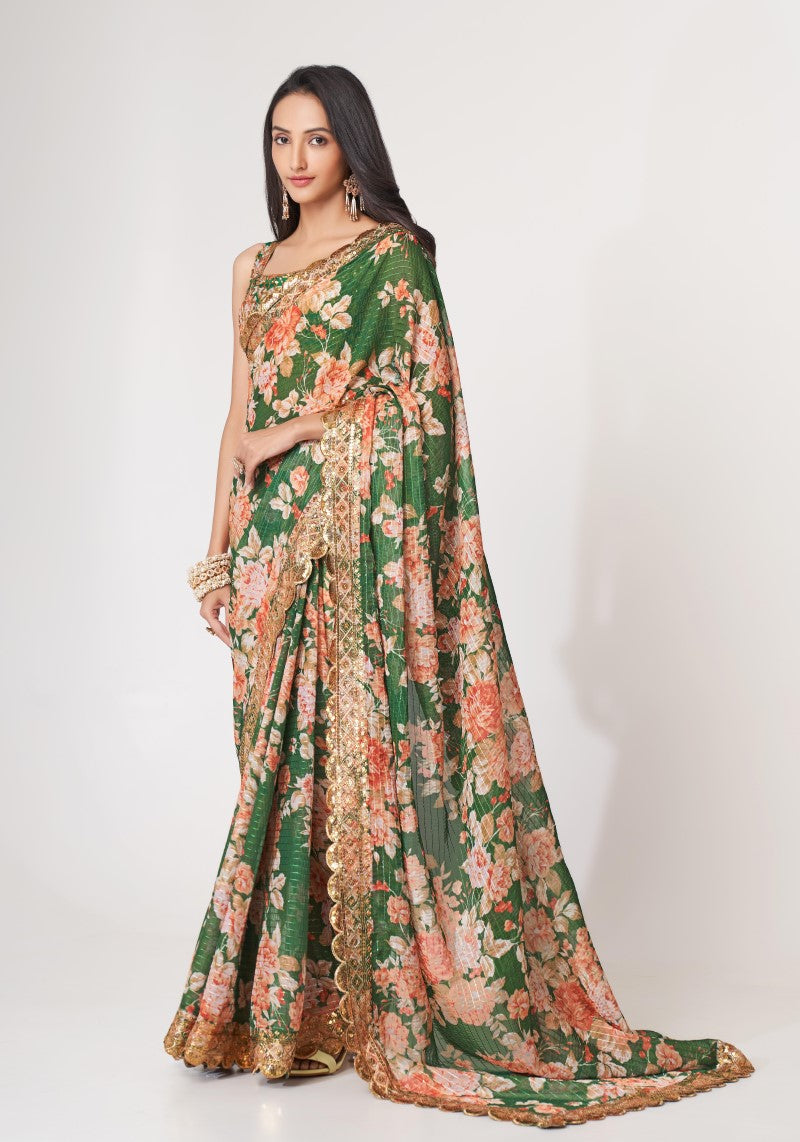 Organza Green Digital Print Sequins Embroidered Saree