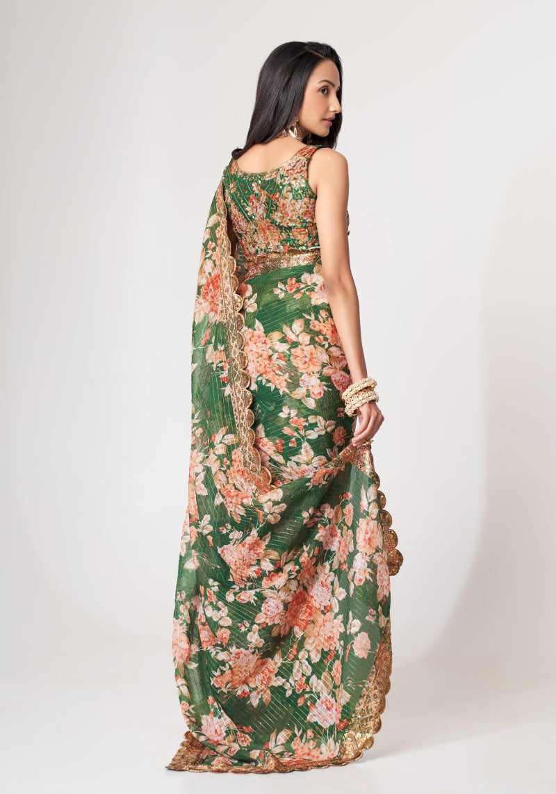 Organza Green Digital Print Sequins Embroidered Saree