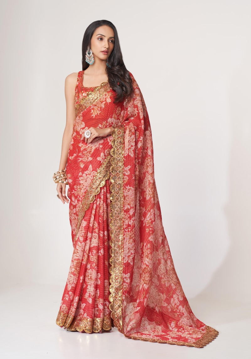 Adorable Red Organza Sequins Embroidered Saree