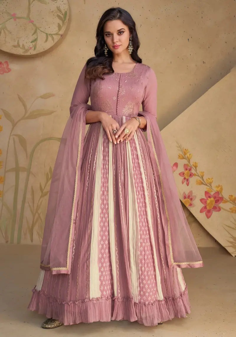 Designer Dusty Pink Georgette Embroidered Anarkali Dress