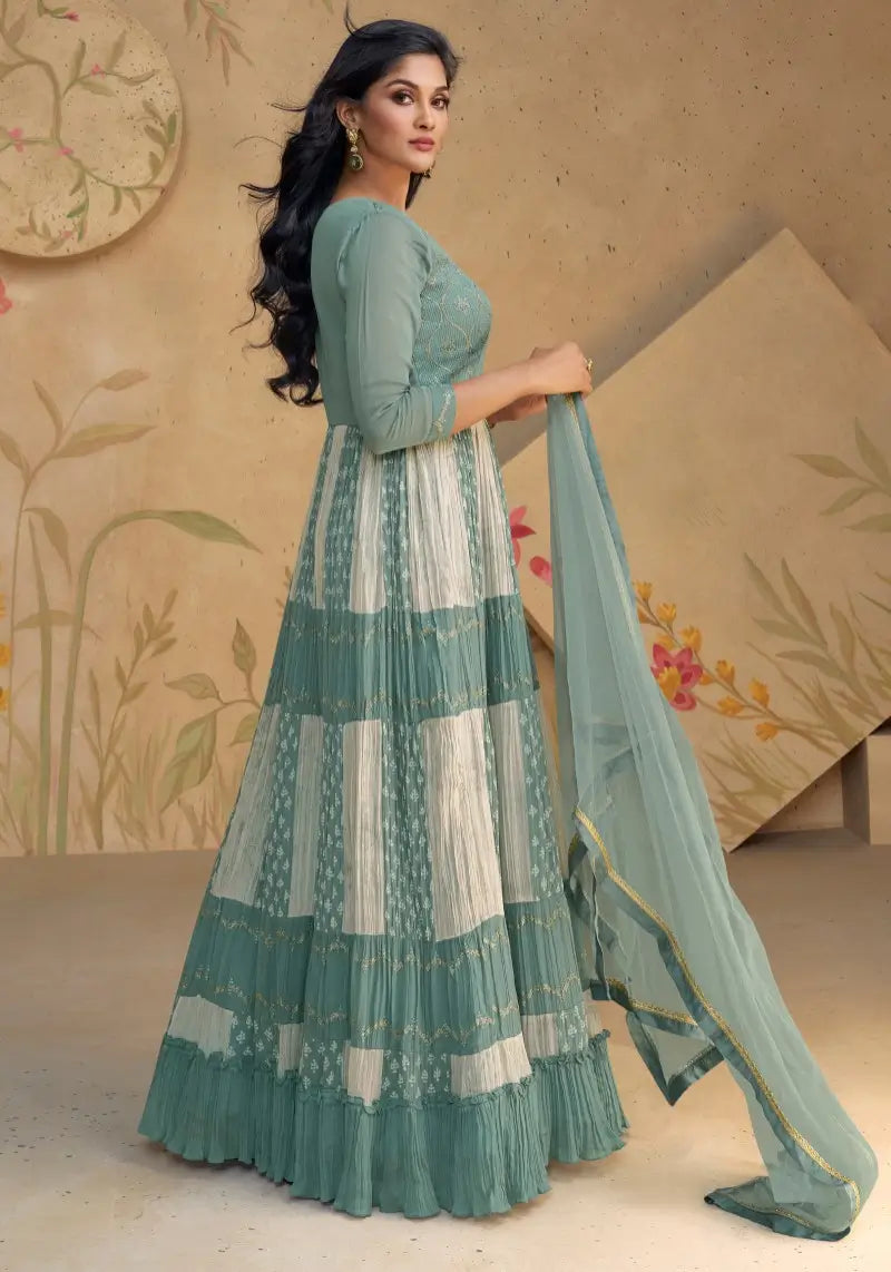 Designer Teal Blue Georgette Embroidered Anarkali Dress