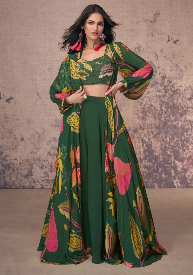 Vibrant Green Crepe Indo-Western Crop Top Palazzo Shrug Dress