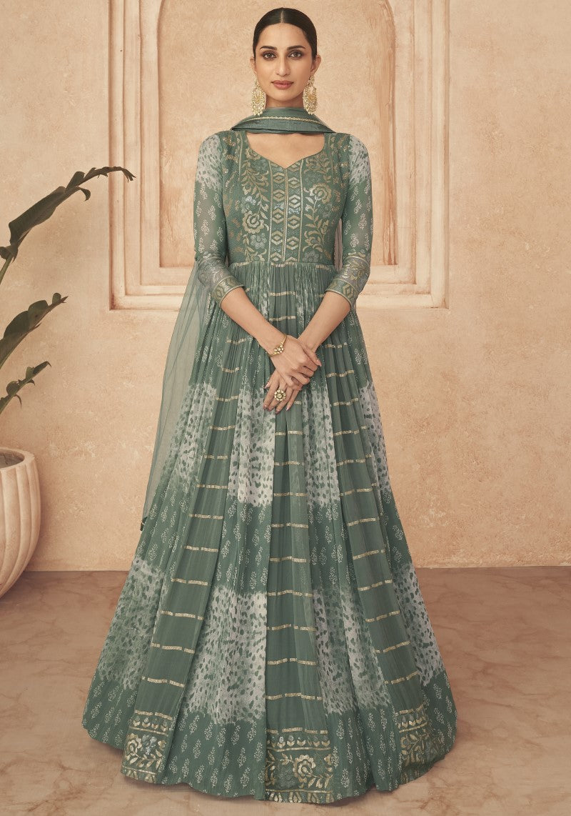 Party Wear Embroidered Green One Piece Dress With Net Dupatta