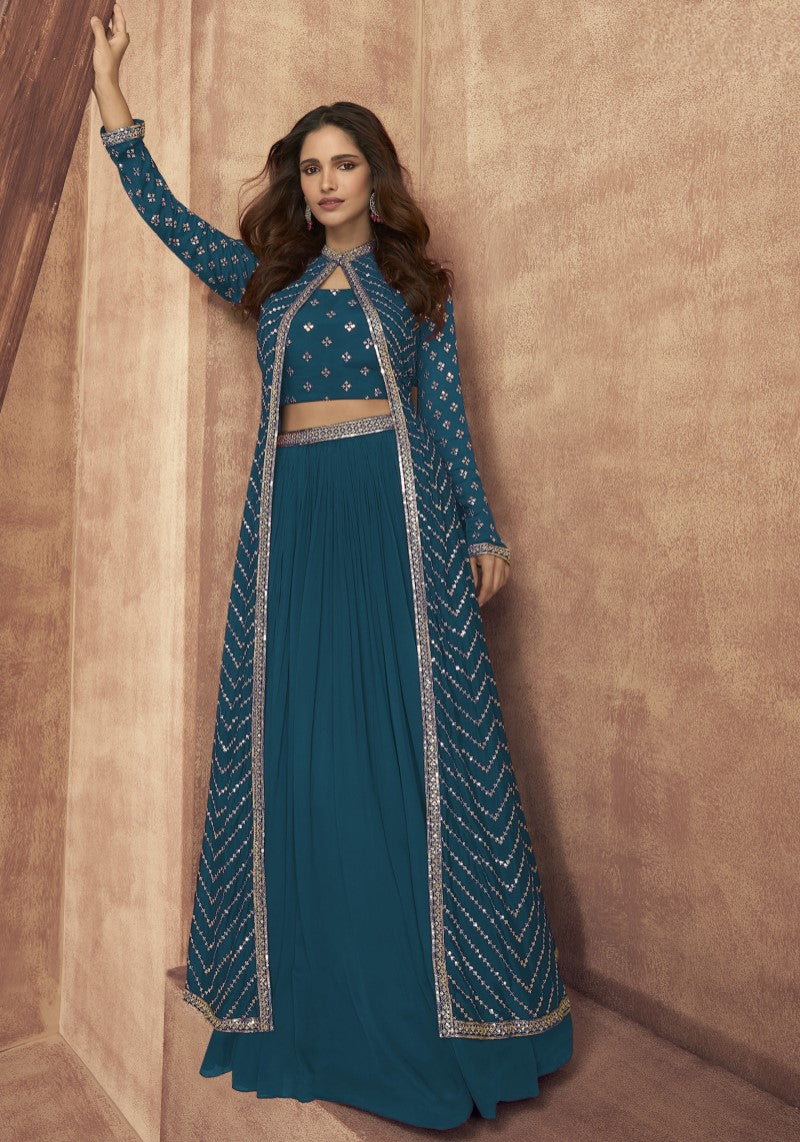 Buy Navy-Blue Embroidered Georgette Cocktail Wear Lehenga Choli with Shrug  From Ethnic Plus