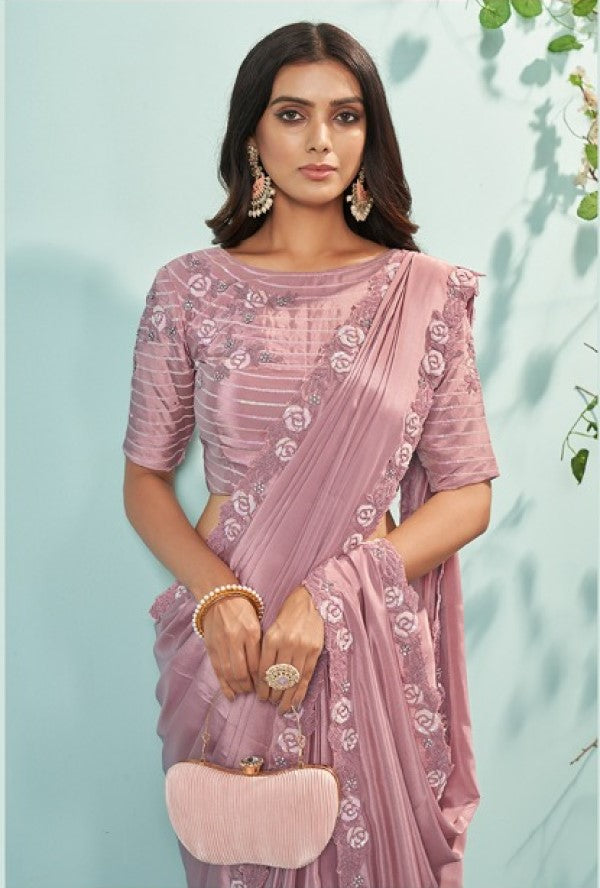 Elegant Party Wear Pink Sequins Cord Embroidered Saree