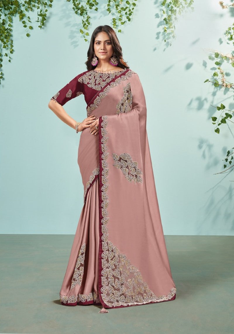 Maroon Rose Satin Silk Cut-Work and Cord Embroidered Saree