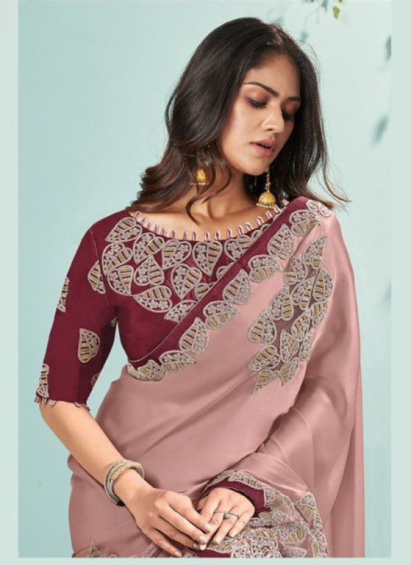 Maroon Rose Satin Silk Cut-Work and Cord Embroidered Saree