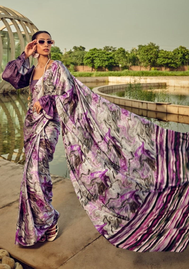 Vibrant Purple Digital Printed Satin Silk Saree