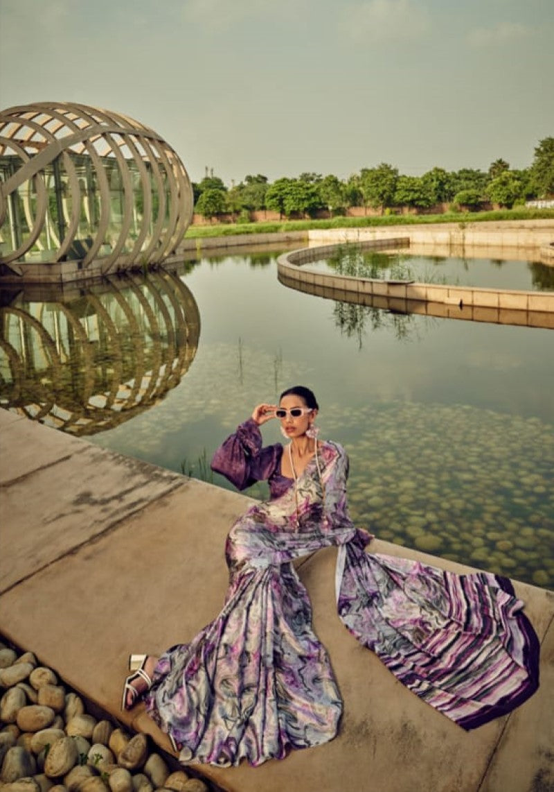 Vibrant Purple Digital Printed Satin Silk Saree