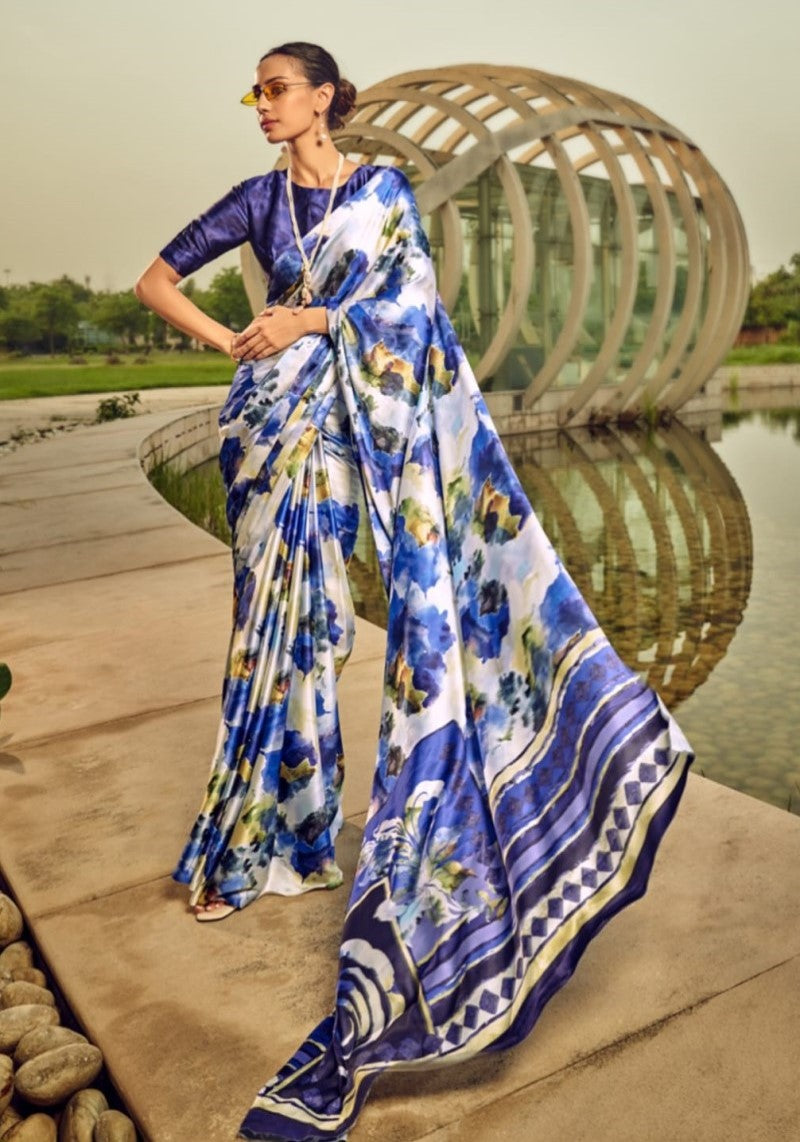 Vibrant Blue Digital Printed Satin Silk Saree