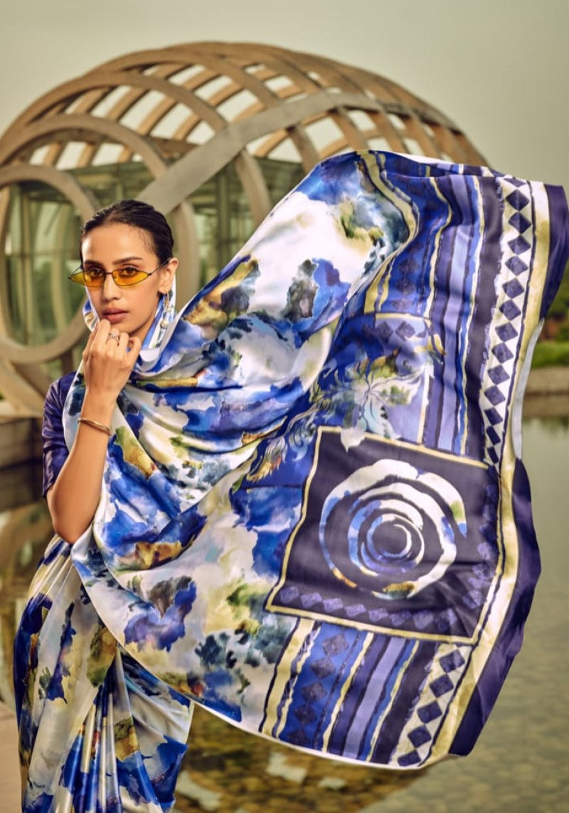 Vibrant Blue Digital Printed Satin Silk Saree