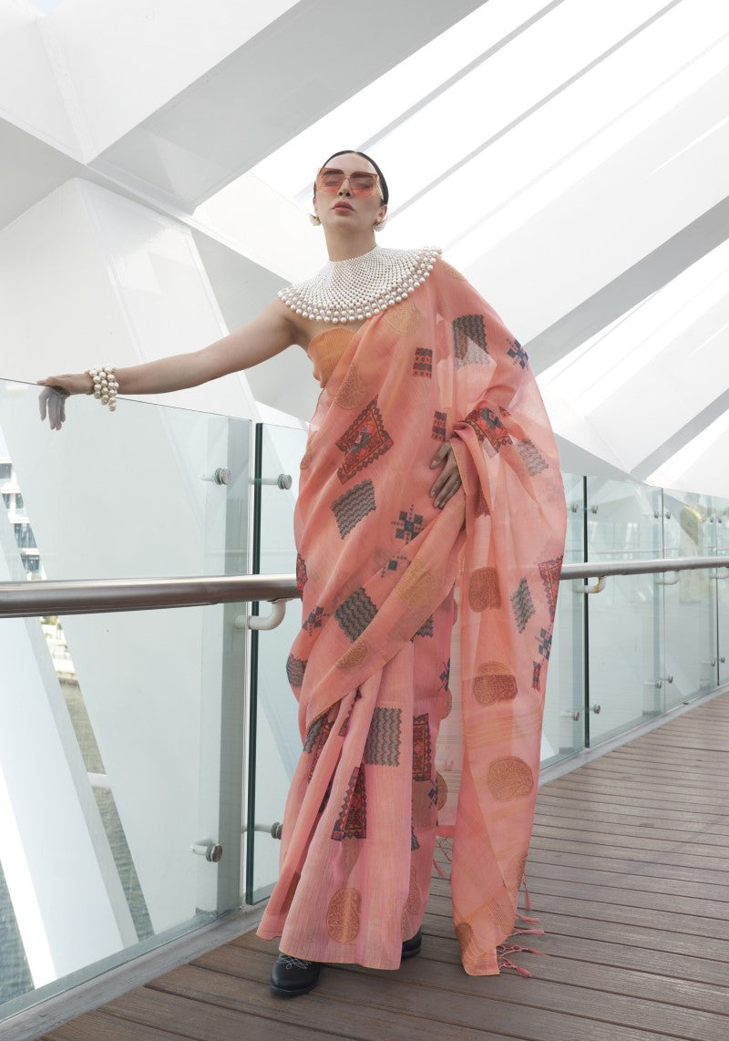 Handwoven Unique Pink Banarasi Silk Printed Tissue Saree