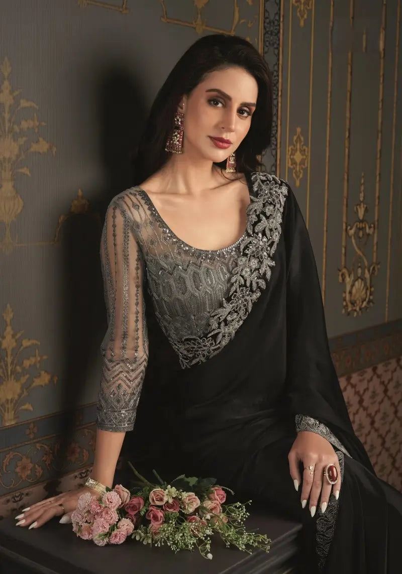 Black Satin Silk Saree: Embroidered Elegance in Banglori Silk