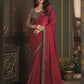 Cherry Red Satin Silk Chiffon Saree With Embroidered Blouse