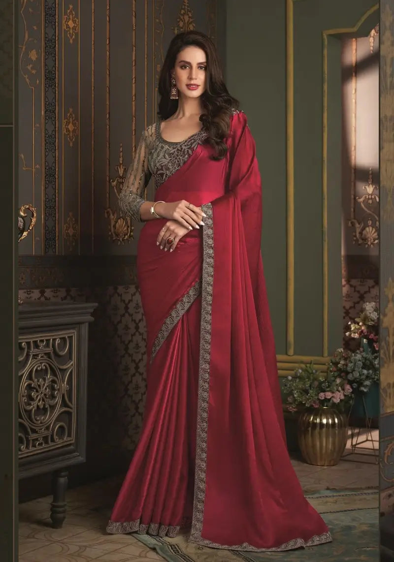 Cherry Red Satin Silk Chiffon Saree With Embroidered Blouse
