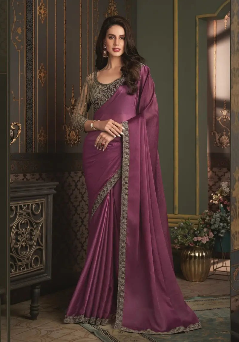 Exquisite Satin Silk Chiffon Saree With Embroidered Blouse