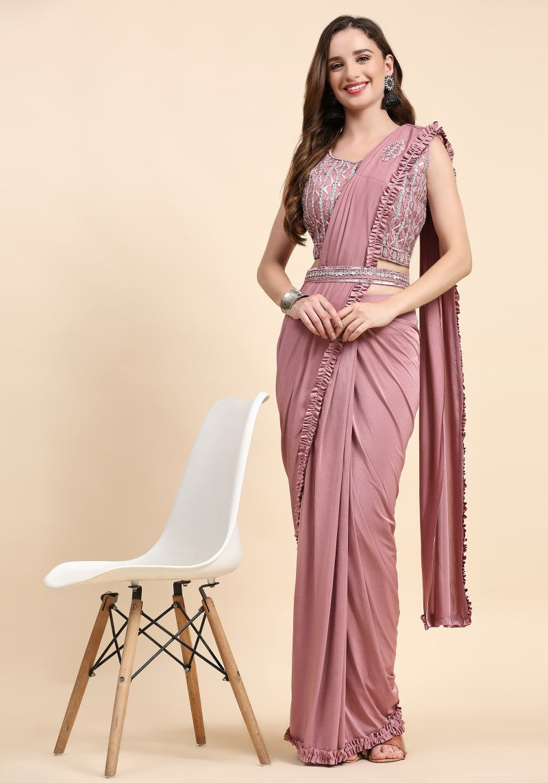 Peach Party Wear Exquisite Imported Saree with Stitched Blouse