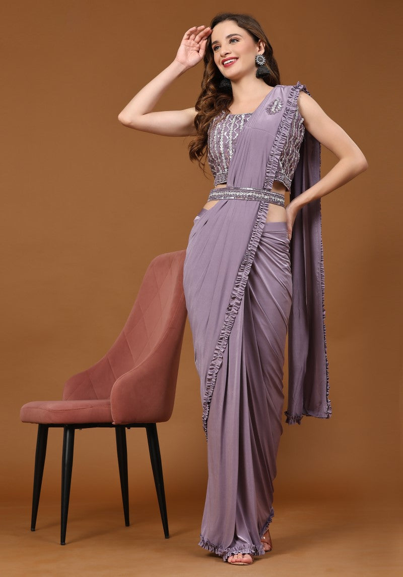 Lavender Party Wear Exquisite Imported Saree with Stitched Blouse