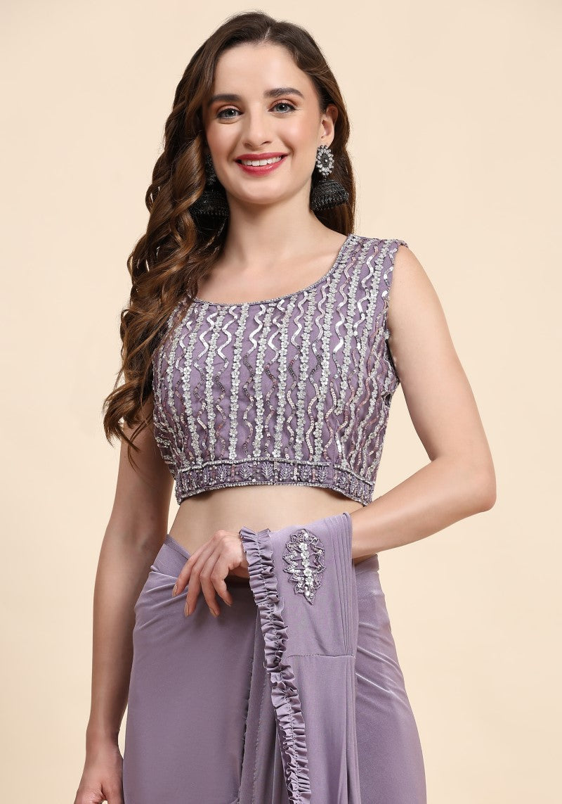 Lavender Party Wear Exquisite Imported Saree with Stitched Blouse