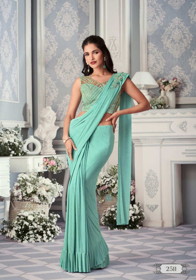 Designer Sea Green Ready Pleated Lycra Saree With Blouse