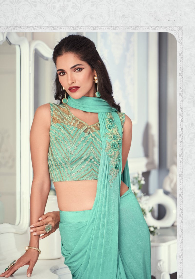 Designer Sea Green Ready Pleated Lycra Saree With Blouse