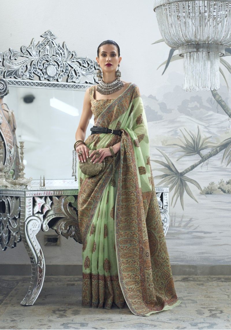 Pista Green Modal Kashmiri Woven Art Silk Saree