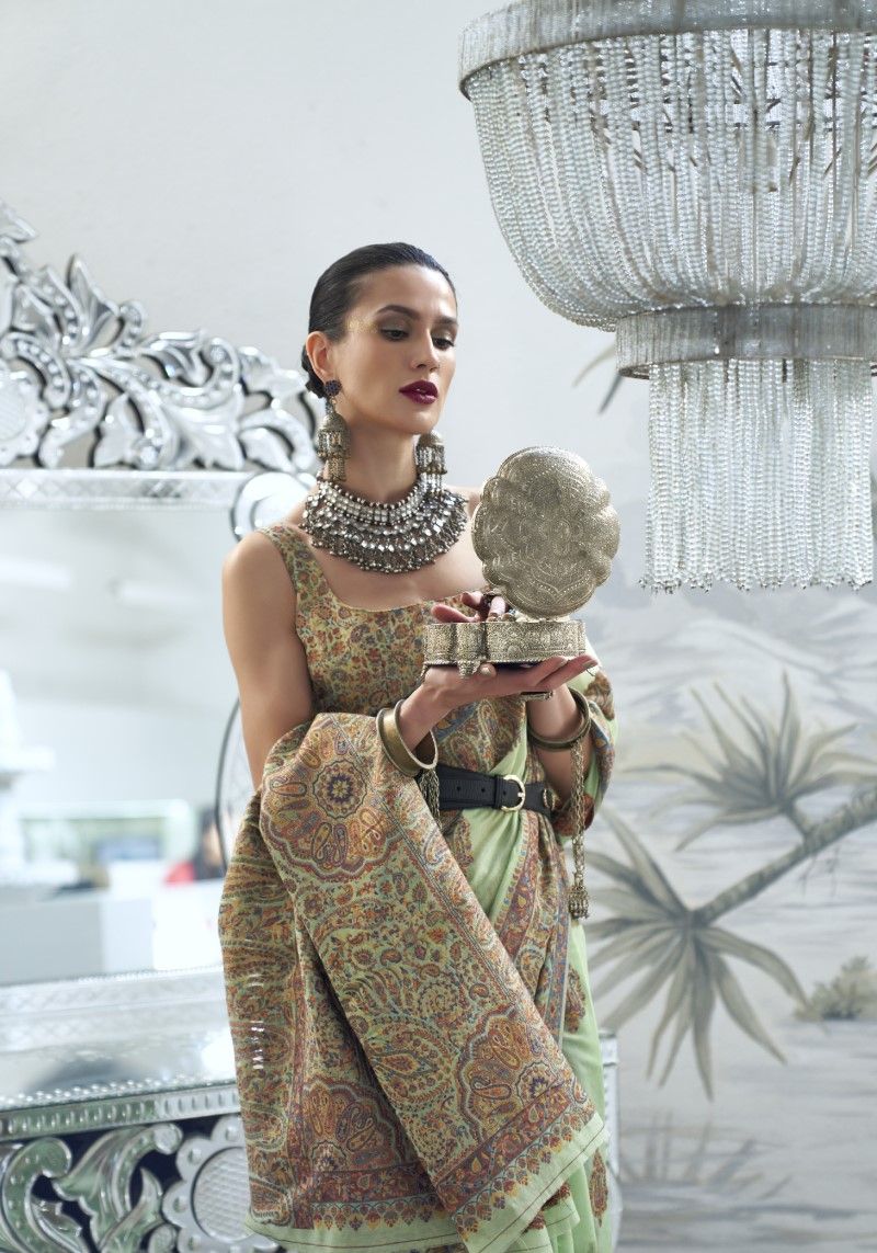 Pista Green Modal Kashmiri Woven Art Silk Saree