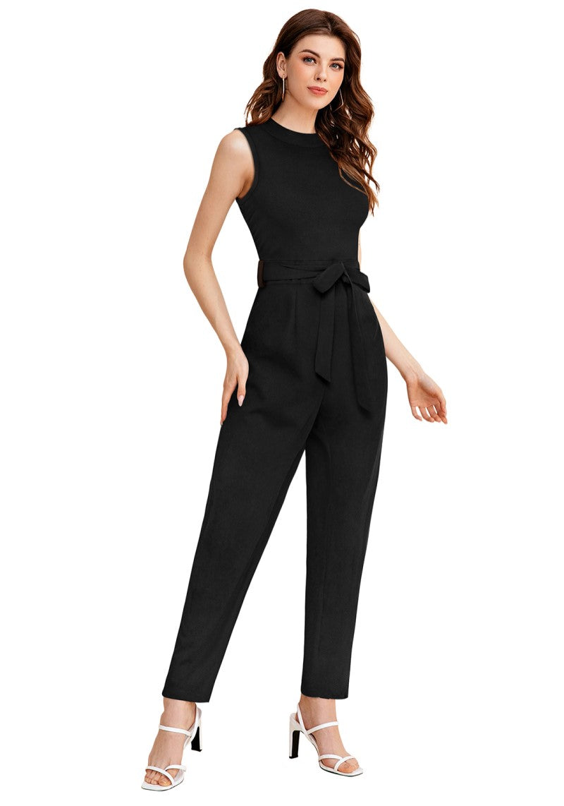 Black Solid Cocktail Maxi Jumpsuit with Waist Tie