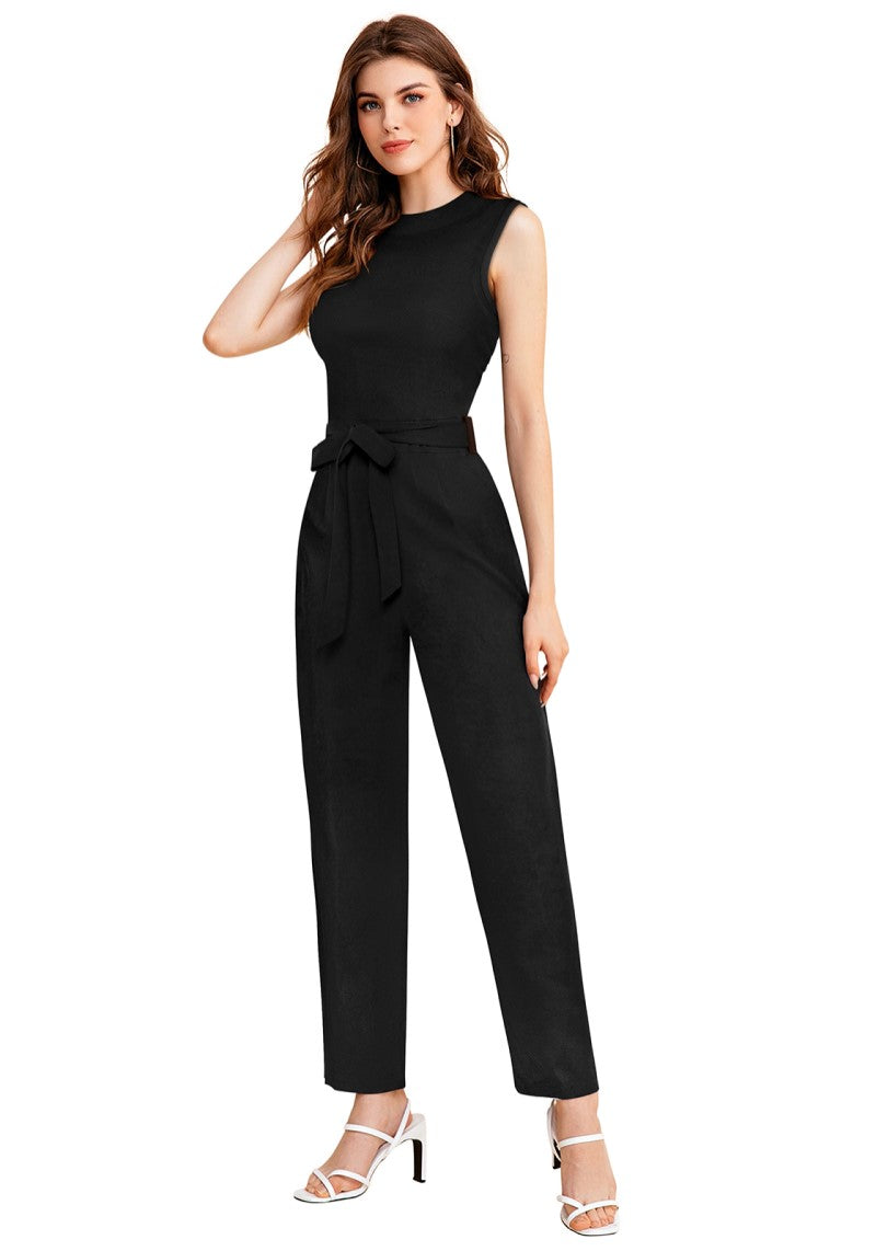 Black Solid Cocktail Maxi Jumpsuit with Waist Tie