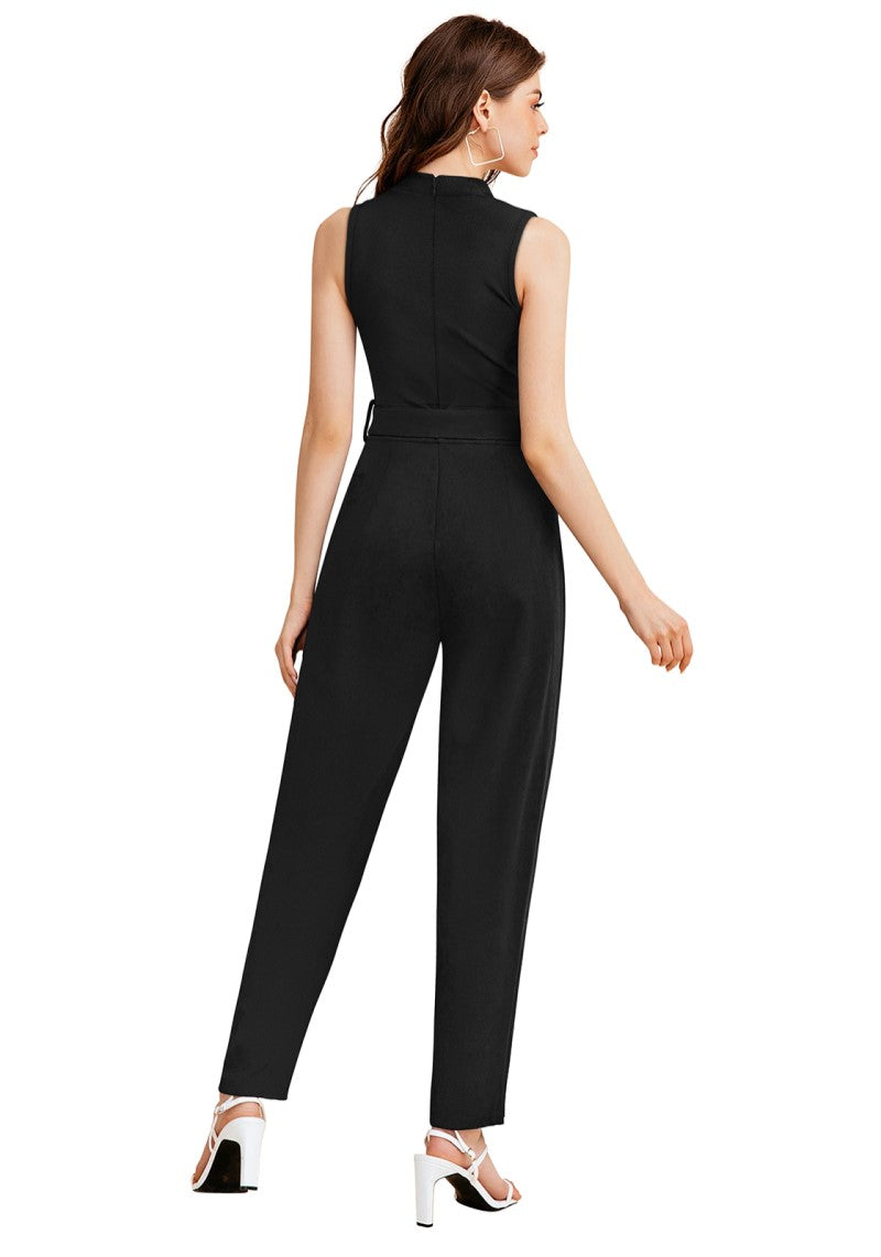 Black Solid Cocktail Maxi Jumpsuit with Waist Tie