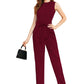 Maroon Solid Cocktail Maxi Jumpsuit with Waist Tie