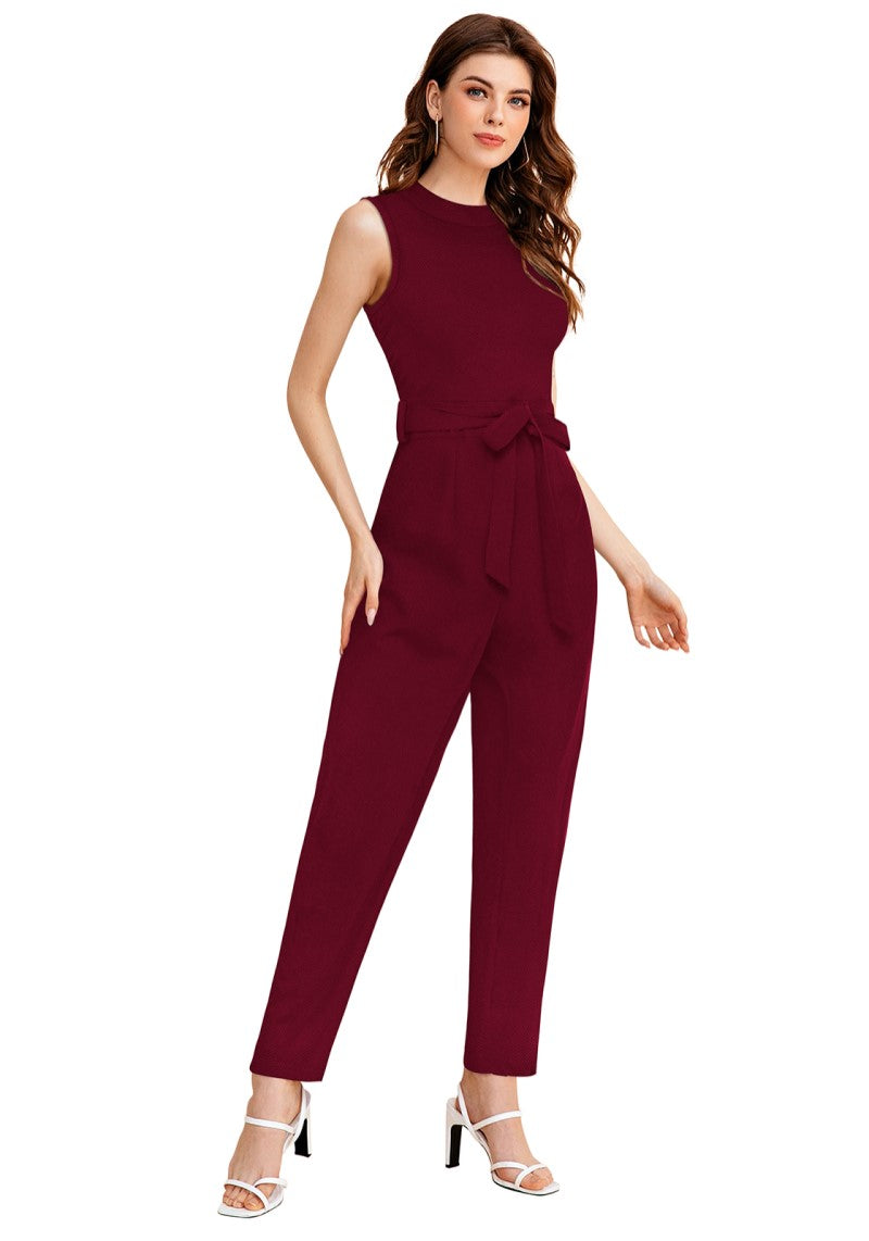 Maroon Solid Cocktail Maxi Jumpsuit with Waist Tie