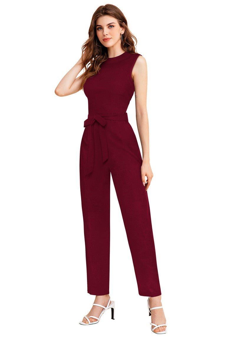 Maroon Solid Cocktail Maxi Jumpsuit with Waist Tie