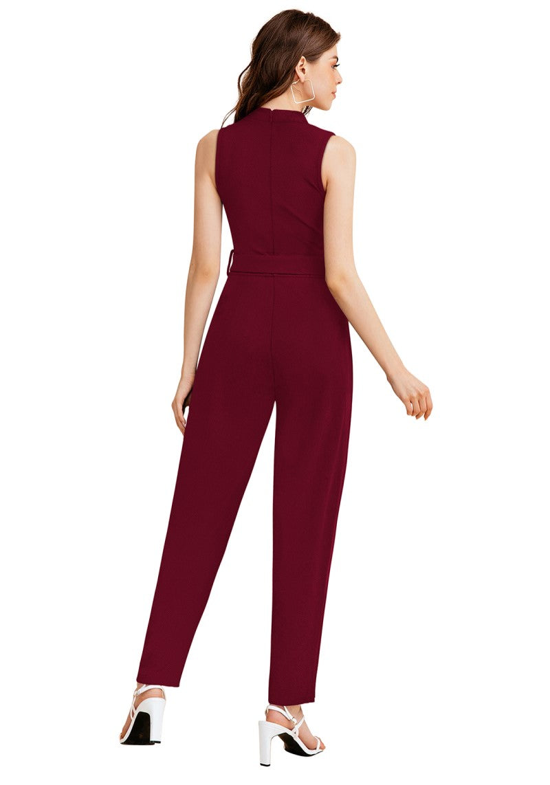 Maroon Solid Cocktail Maxi Jumpsuit with Waist Tie